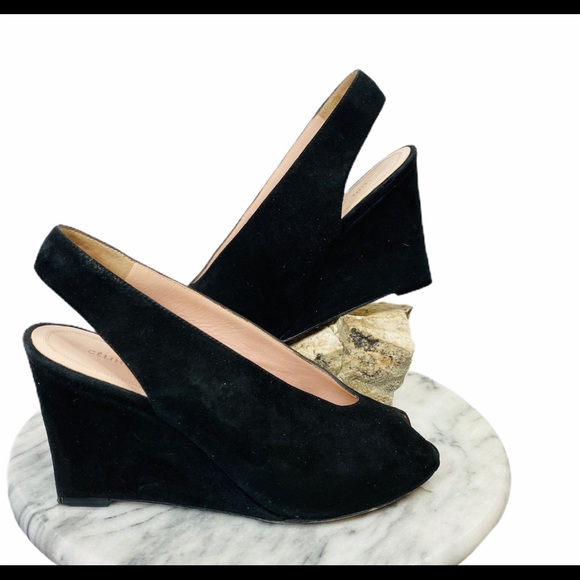 Celine Suede Peep Toe Wedge Heels - Picture 2 of 8